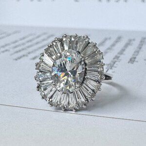 Vintage Mid-Century Sterling Silver Oval Halo Cocktail Ring Size 5